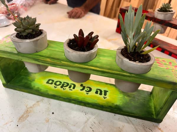 סדנת נגרות ובטון: 3 עציצי בטון על סטנד מעץ