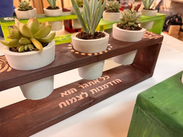 סדנת נגרות ובטון: 3 עציצי בטון על סטנד מעץ